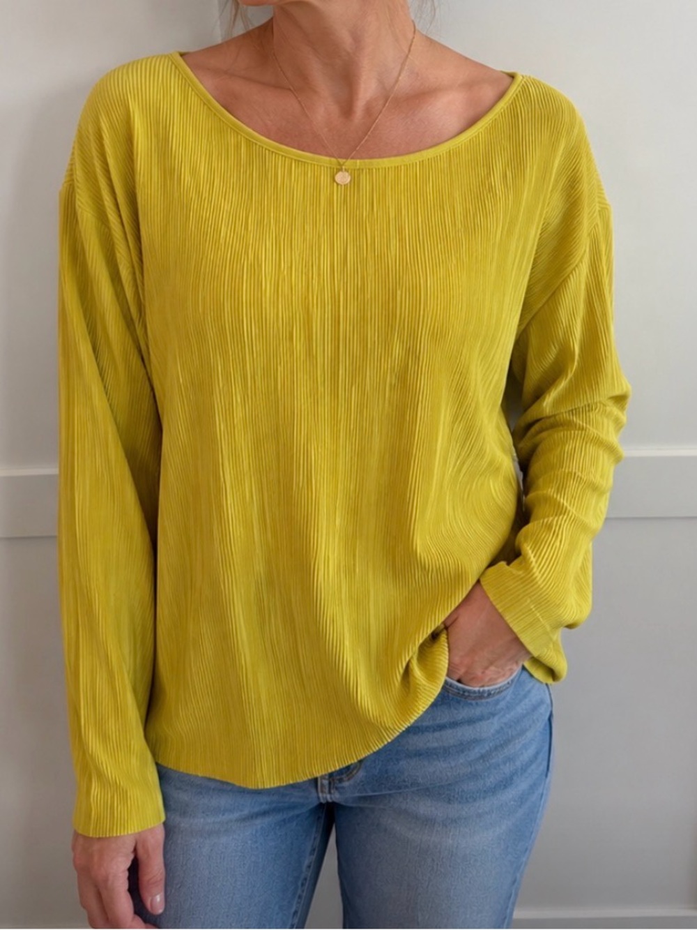 Calvin Klein Yellow Pleated Long-Sleeve Scoop Neck Top